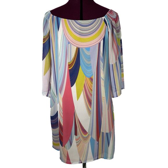 Trina Turk Amaris Rainbow Reflections Off Shoulder Shift Dress Womens Sz 2 NEW - Picture 3 of 16